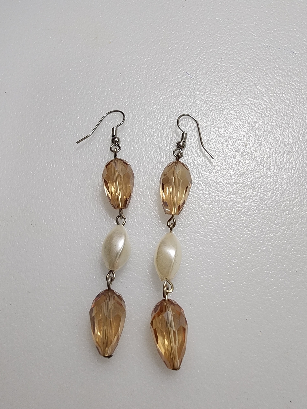 Elegant Champagne Crystal Drop Earrings with Pearl Accent